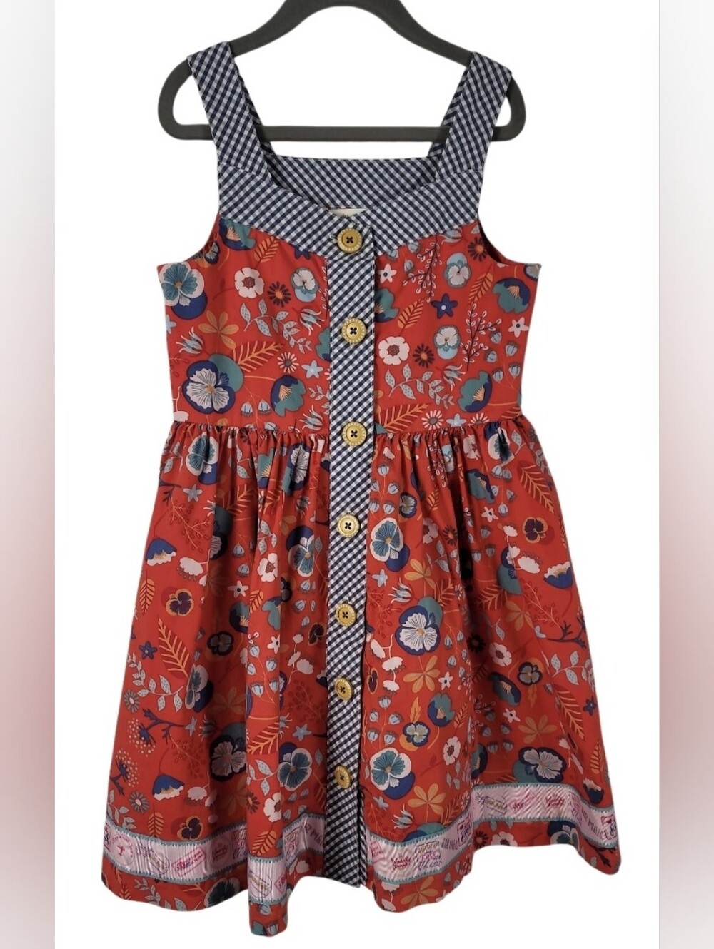 Girl's MATILDA JANE Cotton Dress Red Floral Button-Front Dress Gingham Trim 8